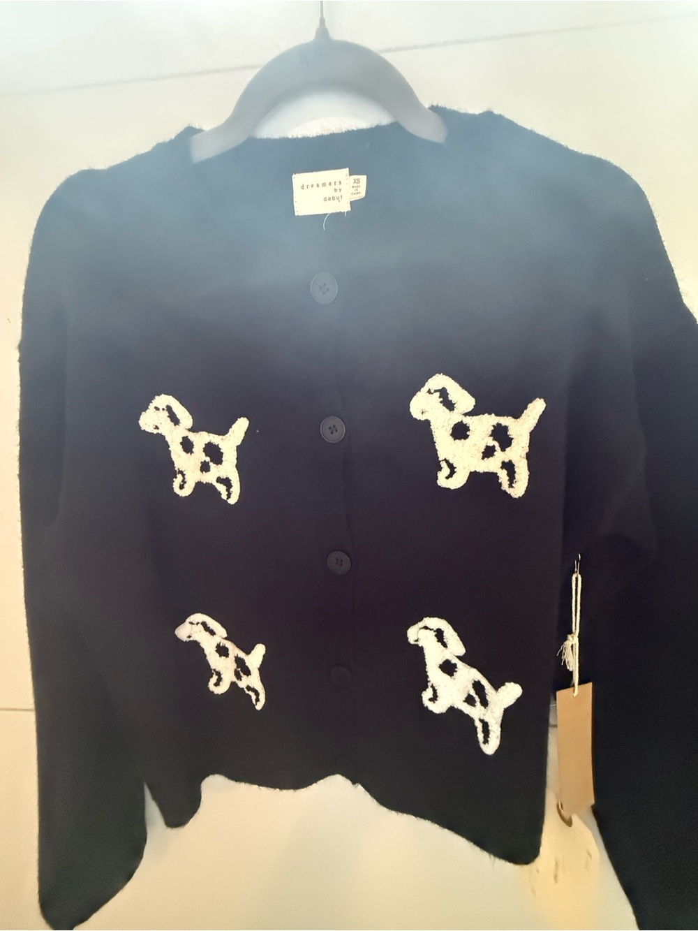 Dreamers Black Cardigan with White Dog Appliqués